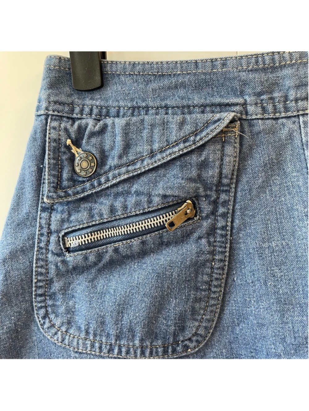 Vintage 70s A-Line Denim Midi Skirt Utility Pockets, Adjustable Waist 26-27” (S) - Picture 6 of 10